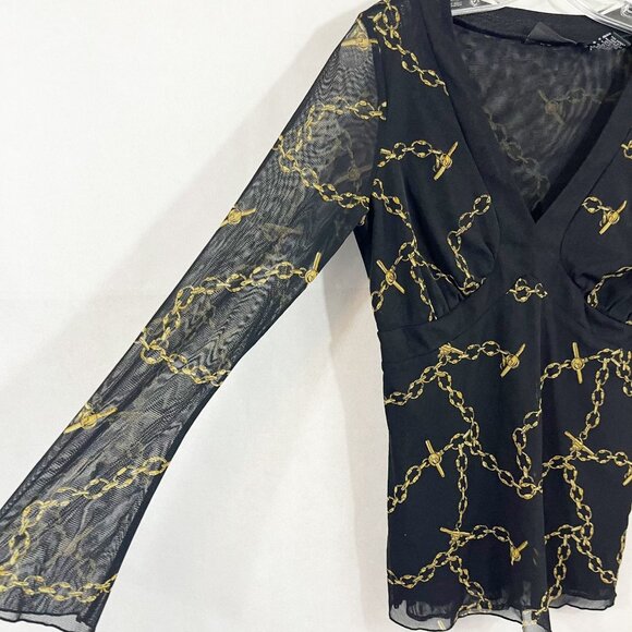 Vintage Y2K Black & Gold Chain Link Print Mesh Long Sleeve V-Neck Top MEDIUM - Picture 4 of 7